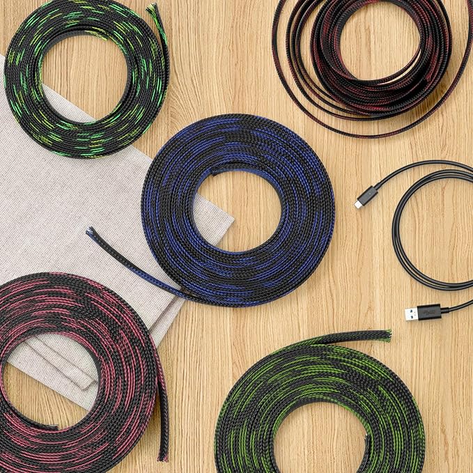 Braided Cable Sleeve, 33ft Expandable Wire Loom for Automotive Wiring Harness & PC Case, Pet-Proof Chew Resistant Cord Protector, Flexible Cable Management (Black-UV Green-UV Yellow, 20mm (25/32"))
