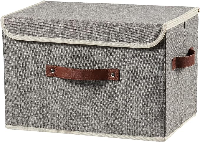 Storage Boxes with Lids Cotton Linen Fabric Bins Baskets | Decorative Collapsible Washable, Clothes Container Organizer for Closet Shelf, w/ Faux Leather Handles, Gray, Large