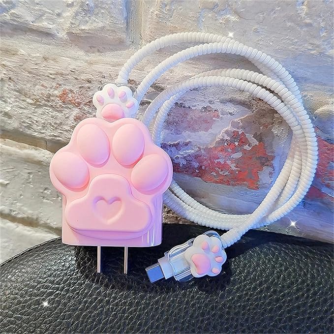 DIY Charger Cover for iPhone Cord Protector with Cat Paw Design,Soft Girly Kawaii Cat Claw Charging iPhone Charger Protector iPad Charger Protector Cute Cable Saver for iPhone 18W/20W Charger-Pink