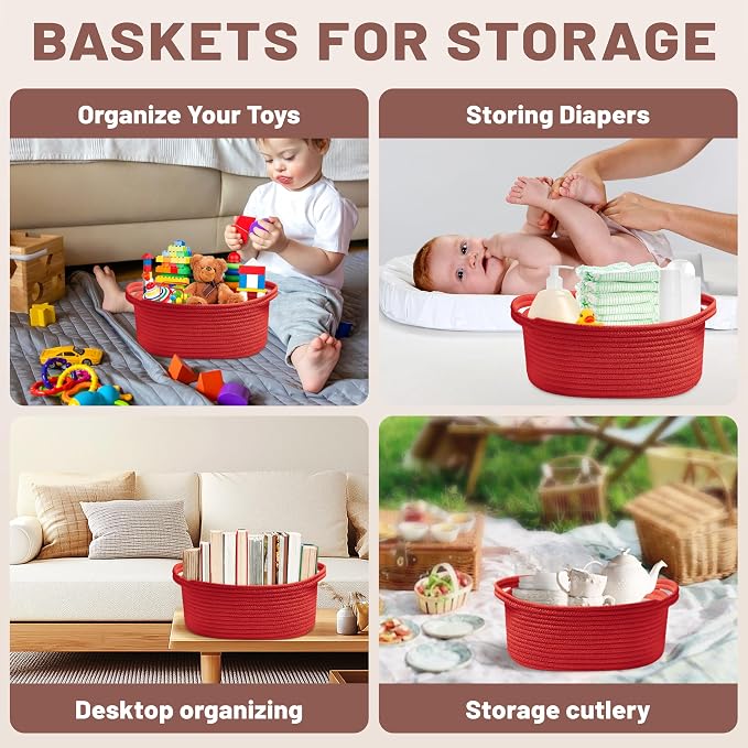 Bufims Small Woven Red Gifts Basket for Storage Empty with Ribbons and Bags Durable Cute Gifts 12"X 8" X 5" Small Rope Basket for Gifting