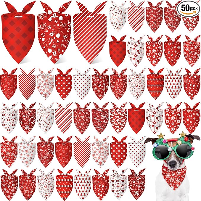 Abbylike 50 Pcs White and Red Dog Bandanas Bulk Polka Dots Stripes Snowflake Bandanas for Dog Triangle Kerchief Bibs Scarf for Pet Party Costume Photo Props Accessories, 25 Styles (25.6 x 17.7 x 17.7)