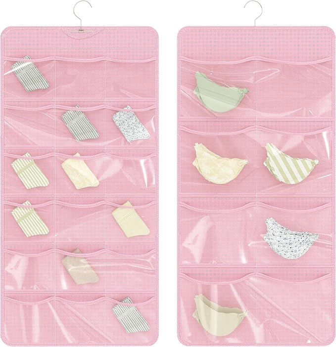 26-Pocket Hanging Closet Organizer for Socks and Underwear, Pink | Non-woven clear compartments keep bras & leggings visible; swivel hook fits wardrobe, closet rod, wall, door or shelves.