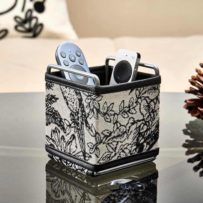 Leather Remote Control Holder - TV Remote Organizer Bedside Tapestry Caddy | No-assembly sturdy remote organizer in textured tapestry jacquard & leather. Randomly cut jungle pattern (no two are alike).