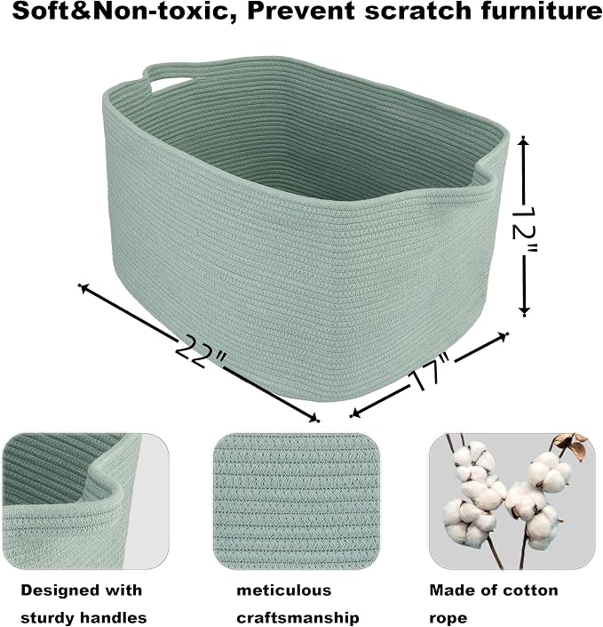 XUANGUO Large Rectangle Woven Cotton Rope Blanket Basket 22"x17"x12" Green