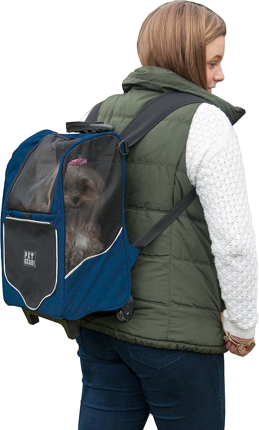 Pet Gear I-GO2 Sport Roller Backpack, Travel Carrier, Car Seat for Cats/Dogs, Mesh Ventilation, Included Tether, Telescoping Handle, Storage Pouch, Navy