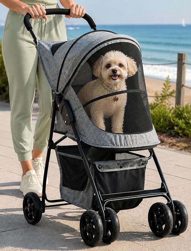 Pet Gear Happy Trails Pet Stroller, Light Sand | Zipper Entry, Easy Fold with Removable Liner, Safety Tether, Storage Basket, For Cats/Dogs
