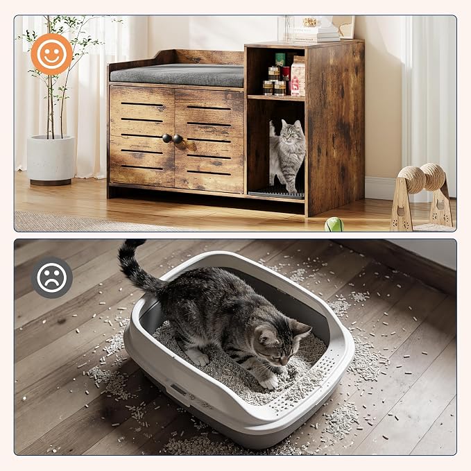 Cat Litter Box Enclosures, Large Hidden Cat Litter Box Furniture with Double Door, Wooden End Table Litter Box Cabinet with Storage Shelf, Cushion & Litter Mat, Dog Proof Design, Modern Cat House