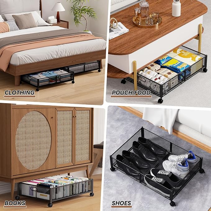 Under Bed Storage with Wheels & Handle,Sturdy Metal,2 Pack,Black | Tool-free assembly, glide smoothly, easy reach, foldable, maxmazie low-profile beds, dorm, keep seasonal clothes, shoes fresh