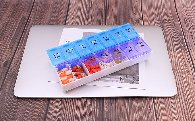 7 Day Weekly AM PM Pill Organizer, ShysTech Large Pill Case Pill Box for Pills Vitamin Supplements Medication (Purple/Blue)
