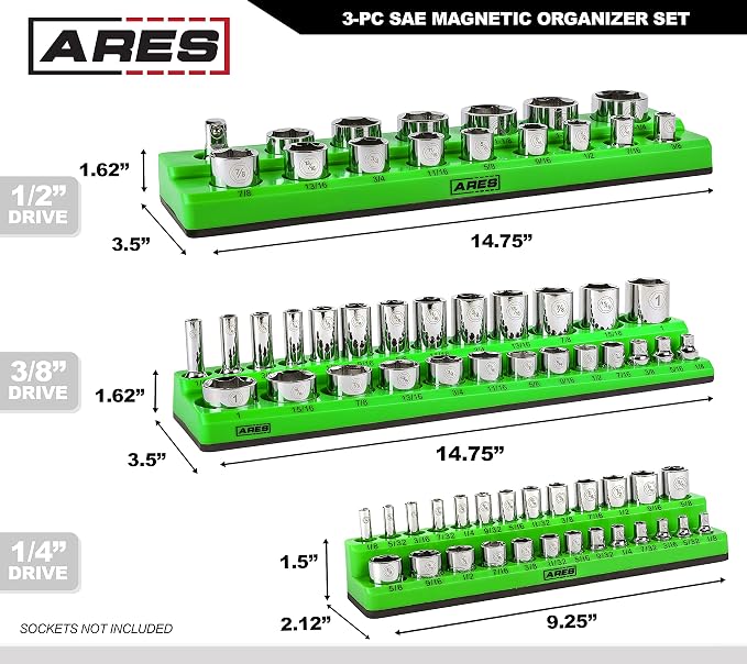 ARES 60037 3-Pc 1/4,3/8,1/2-In Red/Green SAE Magnetic Socket Organizer | Part No. 60037; Includes 1/4 in, 3/8 in, 1/2 in Socket Holders