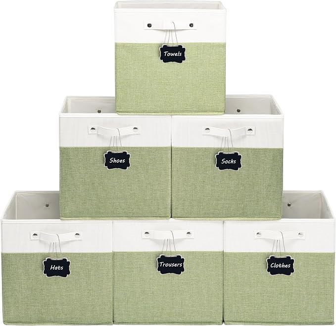 FinishingBo 13 inch Cube Storage Bins with Handles 6 Pack | Foldable Linen Storage Baskets, Closet Organizers, Shelf Baskets, White Green
