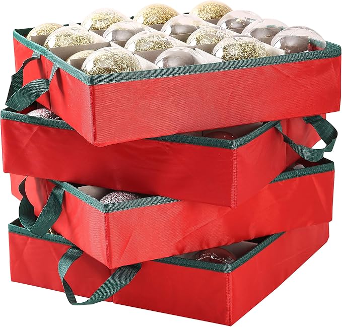 Sattiyrch Large 2-in-1 Christmas Ornament Storage Box & Xmas Figurine Container - Easy Access Removable Trays, Keeps 73 Holiday Ornaments - Adjustable Extent Area for Figurines and Pockets