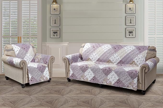 Brilliant Sunshine Lilac & Beige Roses Patchwork Loveseat Cover, 54" seat | Quilted Sofa Cover, Living Room & Bedroom Furniture Protector, Large Washable Love Seat Slipcover for Pets, Dogs & Cats