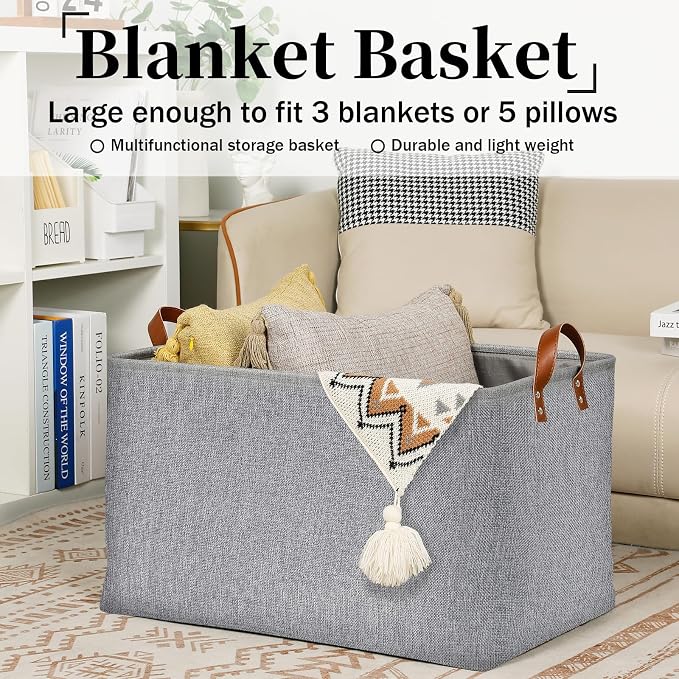 DULLEMELO Large Grey Storage Baskets 70L Oversized Dog Toy Bin Basket, Collapsible 22" X 15" X 13" Extra Large Fabric Baskets for Storage Clothes, Toys, Blankets Organizers (Grey)