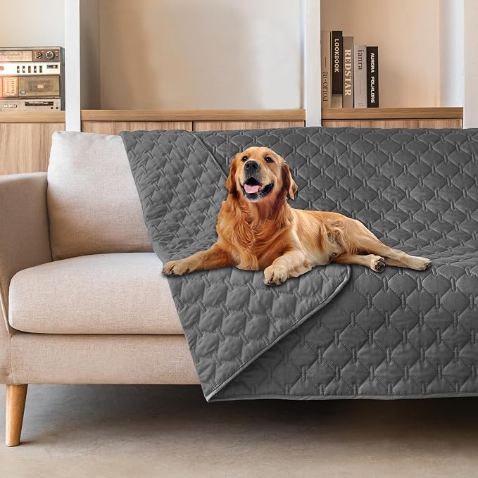 gogobunny Waterproof Dog Blankets for Large Dogs, Pet Bed Cover Breathable | Washable Pee Pads, Quilted Throw Blanket, Furniture Protector for Couch Sofa Bed Car, 82x82 Inch Dark Grey