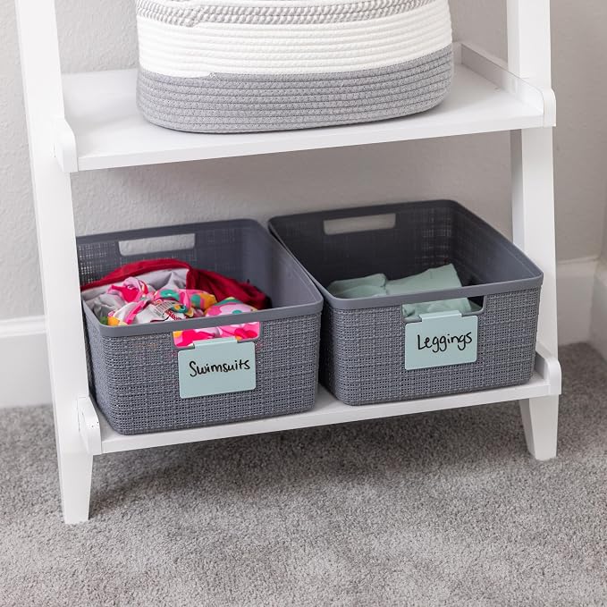 Hygge & Sage: Metal Bin Labels for Home Organization | Non-Slip Basket Clips for Storage Bins, Baskets, or Wire Racks | Includes 8 Labels, 8 Non-Slip Pads, and 2 Free Markers (Blue)