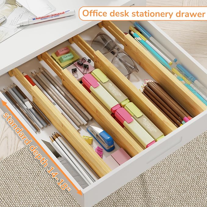 BAMEOS Bamboo Expandable Drawer Dividers – Fits 13.3"–19" Drawers, 2" High, Set of 4 | Spring-Loaded Bamboo Separator for Kitchen Island, Bathroom Vanity & Dresser Drawers