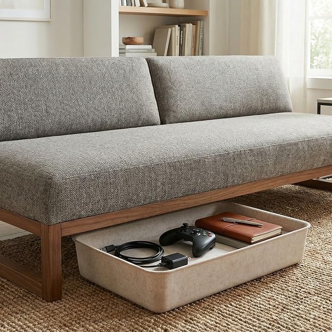 Welaxy Felt Underbed Storage Basket with Removable Lid, Oatmeal Natural Color, Long Shape (Flat Long bin, Oatmeal)