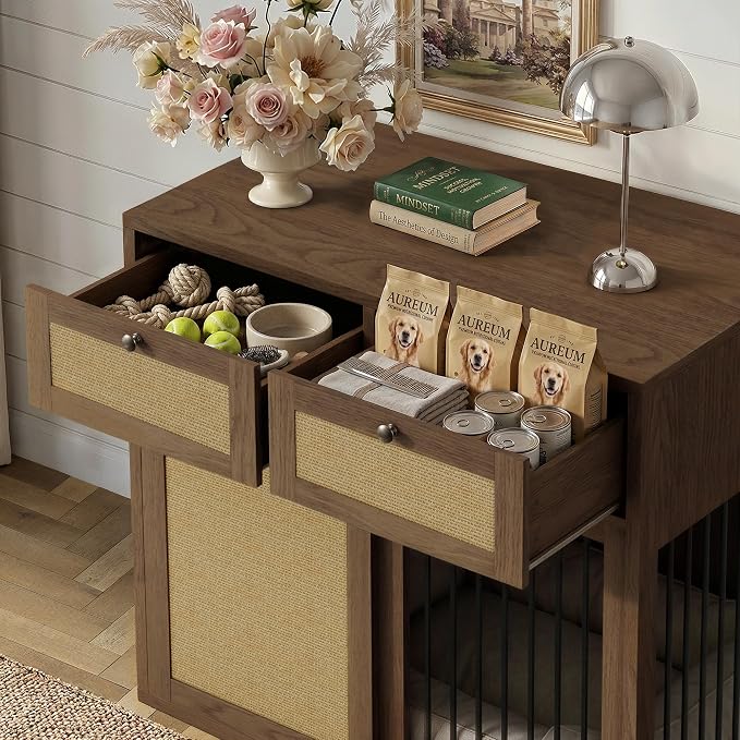 PureCozy Wooden Dog Crate Furniture, Right Unit, 40 Inch, Dark Oak | Cane cabinet and metal sliding door with 2 storage drawers; furniture-style indoor kennel doubles as an end table.