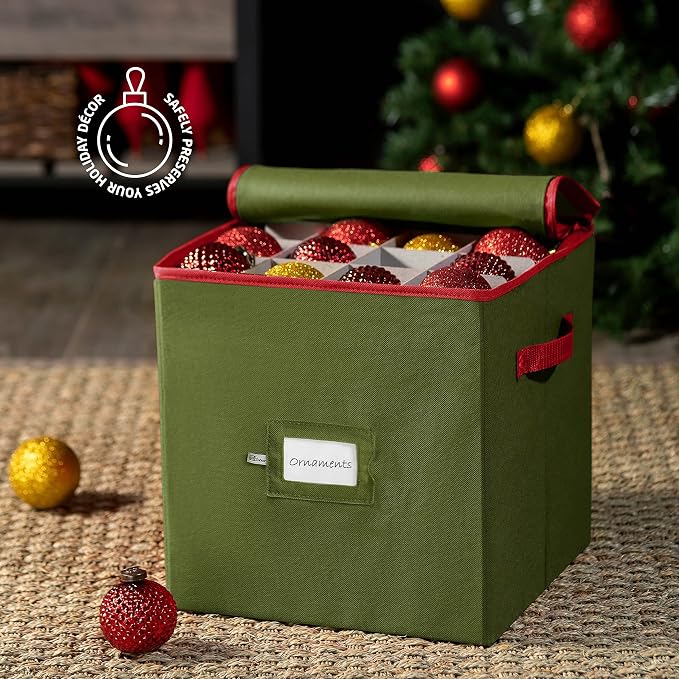 ZOBER Christmas Ornament Storage Box - Stores 64 3" Ornaments, With Dividers - Ornament Organizer Storage Box, Durable Christmas Containers Holder, Dual Zipper - Green