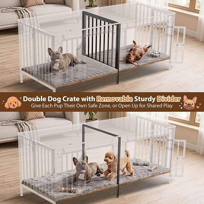EasyCom 55" Wooden Double Dog Crate Furniture, Removable Divider, Brown | Raised Legs, For 1–2 Small to Medium Dogs, Multiuse TV, Plant & Display Stand