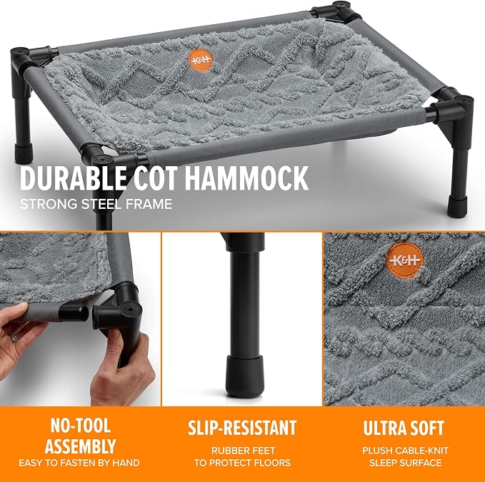 K&H Elevated Cat Bed, Pet Hammock Cot, Indoor Cat Bed, 22x17in, Gray | Free-Standing Raised Cot with Metal Frame, Washable Plush Cover, Rubber Feet, Tool-Free Assembly