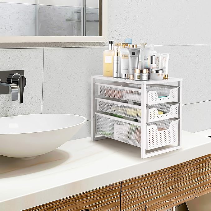 Simple Trending Under Sink Organizer 3-Tier with Sliding Storage Drawer | Multi-Purpose Desktop Organizer, Metal Cabinet Organizer for Kitchen Bathroom Office, Stackbale, Space Saving, White
