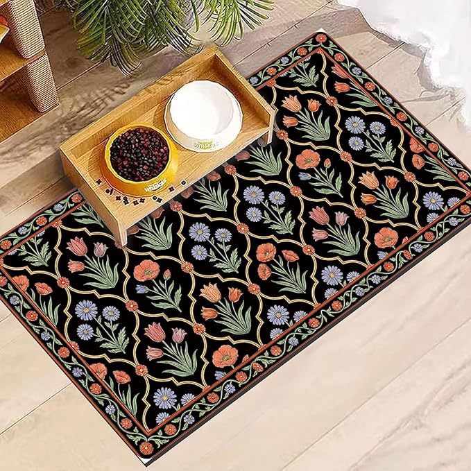 Pet Feeding Mat 30 x 17 Inch, Black Floral Pet Placemat Absorbent Quick-Dry for Food and Water, Waterproof Non Slip Rubber Bowl Pad Mat for Floors
