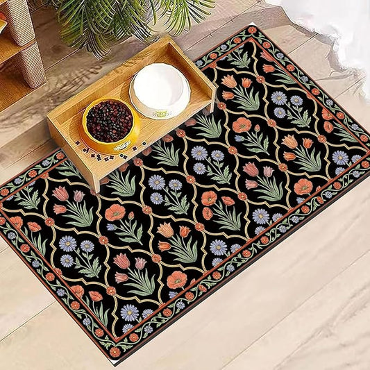 Pet Feeding Mat 30 x 17 Inch, Black Floral Pet Placemat Absorbent Quick-Dry for Food and Water, Waterproof Non Slip Rubber Bowl Pad Mat for Floors