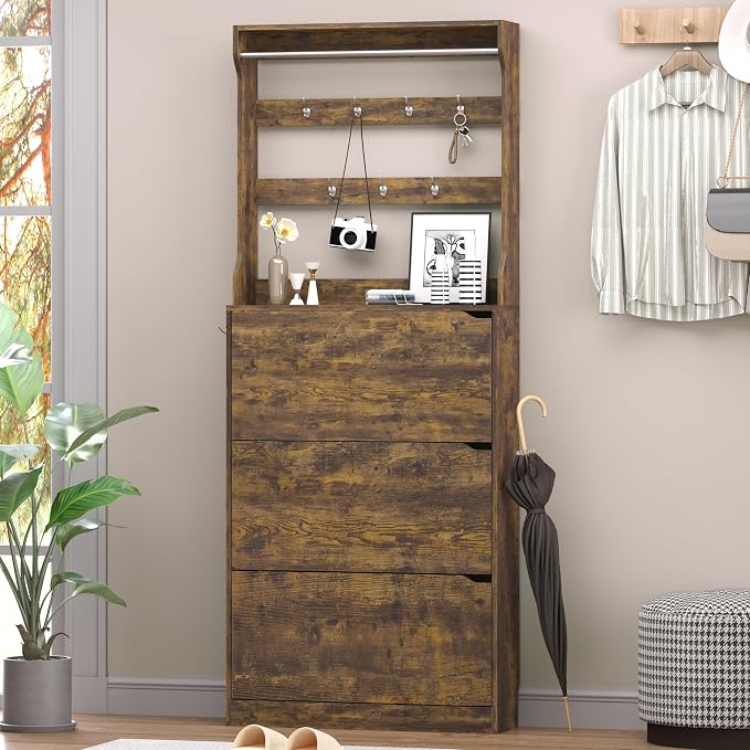 BORNOON Shoe Cabinet with 3 Flip Drawers & Coat Rack, Narrow Hidden Shoe Storage Cabinet, 2-in-1 Hall Tree Slim Freestanding Shoe Rack Organizer for Entryway, Hallway, and Living Room