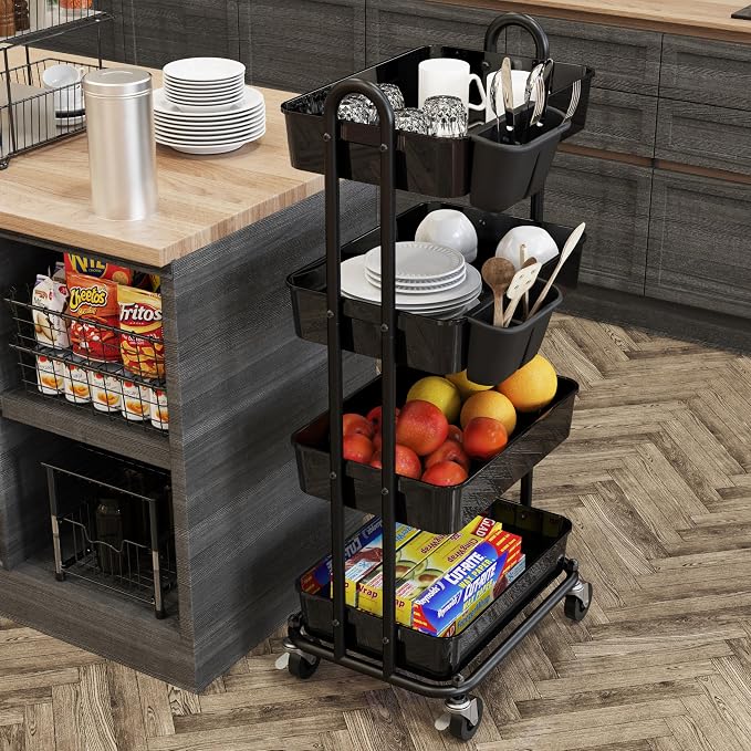 Simple Houseware 4-Tier Rolling Utility Cart with Hanging Bucket, Black | Storage for Bathroom, Kitchen, Office, Study Room, Nursery Diaper