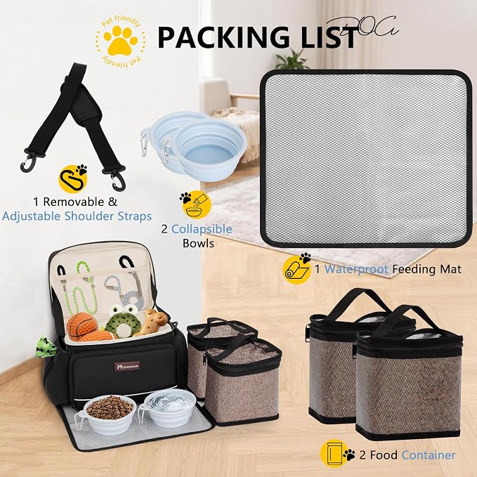 Modoker Large Dog Travel Bag Set with 2 Bowls and Food Bags, 17L Black | Large Pet Travel Organizer with 2 Food Containers, 2 Collapsible Bowls, Feeding Mat, Multiple Pockets and Adjustable Flap