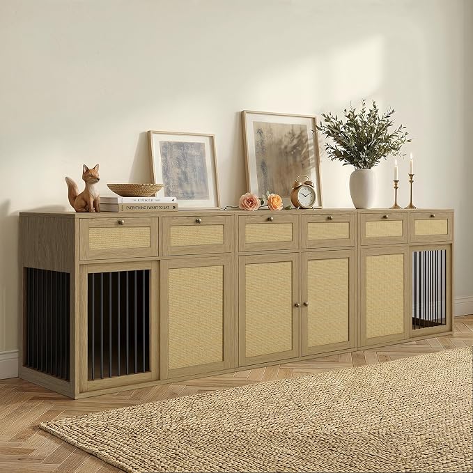 PureCozy 3-Piece Double Dog Crate Furniture, 120 Inch, Light Oak | Left and right kennels for 2 dogs plus center cane storage cabinet; metal sliding doors and 6 total drawers.