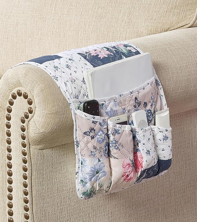 Brilliant Sunshine Vintage Indigo Roses Couch Armrest Cover, 35"×13" | Washable Magazine Holder, Armrest Organizer & Caddy on Sofa, Recliner, Armchair, Storage for Remote Controls, Phone, iPad