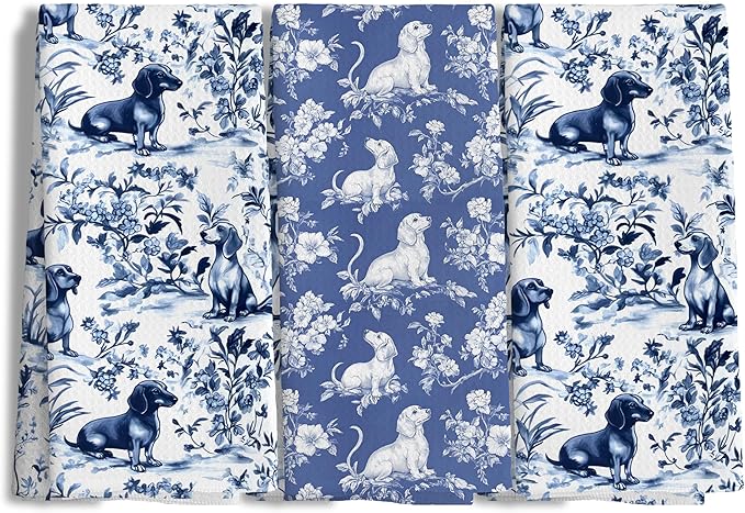 Chinoiserie Dachshund Kitchen Towels Set of 3, Blue and White Floral Botanical Dachshund Decorative Dish Tea Towels, Grandmillennial Weiner Dog Hand Towels for Kitchen Bathroom, 16x24 Inch