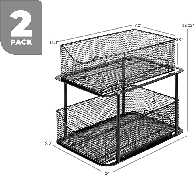 Sorbus Pull-Out Under Sink Organizer, Mesh Construction (Black, 2 Pack) | Two-tier metal organization with strong steel and sliding drawers for bathrooms, kitchens, cabinets, closets and pantries.