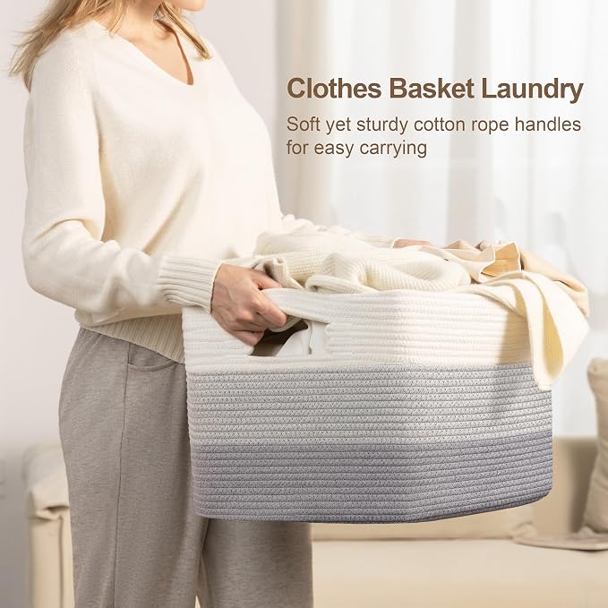 86L Large Woven Laundry Basket Hamper with Handles, Gradient Grey | collapsible wicker hamper, storage for dirty clothes, toys, blankets, gifts, living room, bedroom, bathroom, 24"x16"x14"