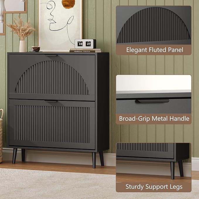 BORNOON Shoe Cabinet for Entryway with 2 Flip Drawers, Slim Wooden Shoe Storage Organizer with Modern Fluted Pannel，Freestanding Narrow Hidden Shoe Rack for Hallway, Foyer, Living Room