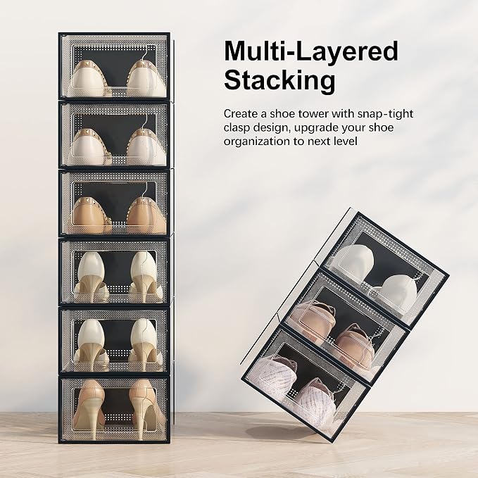 12 Pack Shoe Storage Box, Clear Plastic Stackable Shoe Organizer for Closet, Space Saving Shoe Rack for Entryway Sneaker Container Bin Holder (Black)