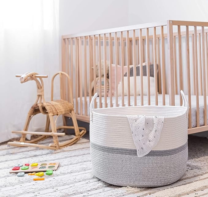 OrganiHaus Round Toy Basket & Blanket Basket, Cotton Rope 20x13" | Striped Gray - Round Cotton Rope Basket, 20x13"