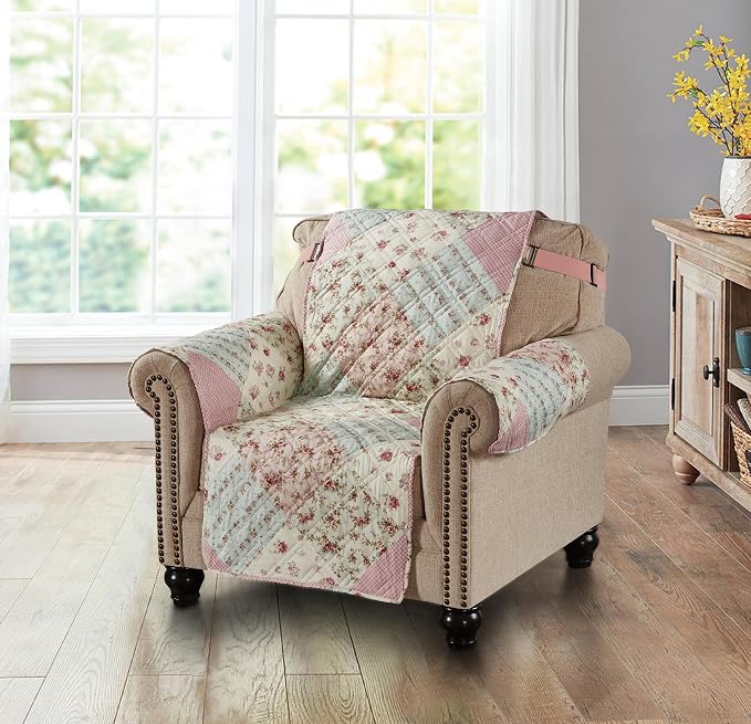 Brilliant Sunshine Pink & Green Roses Couch Armchair Cover, 23" seat | Quilted Sofa Cover, Living Room & Bedroom Furniture Protector, Washable Chair Slipcover for Pets, Dogs & Cats