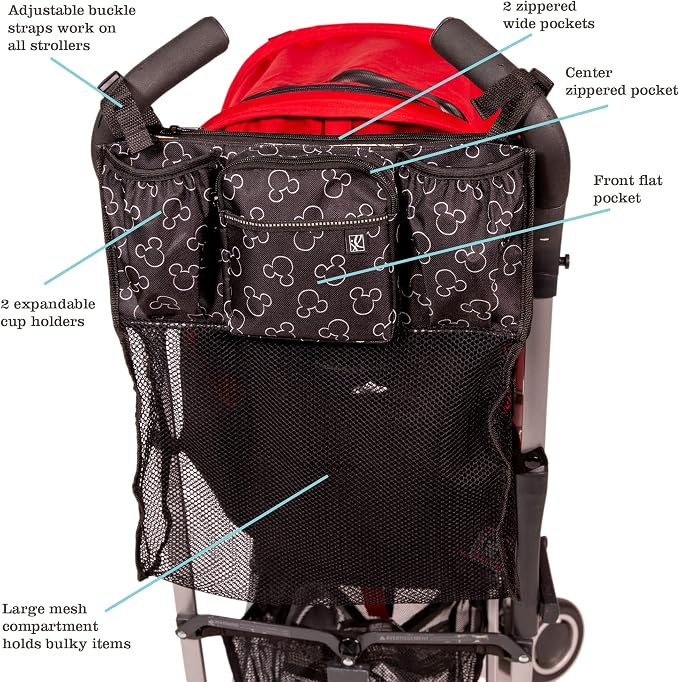J.L. Childress Disney Baby Cups N Cargo Stroller Organizer & Caddy, Mickey | Essential baby travel accessory with cup holders, large mesh storage pocket & zipper pocket fits UPPAbaby, Doona, Nuna & More
