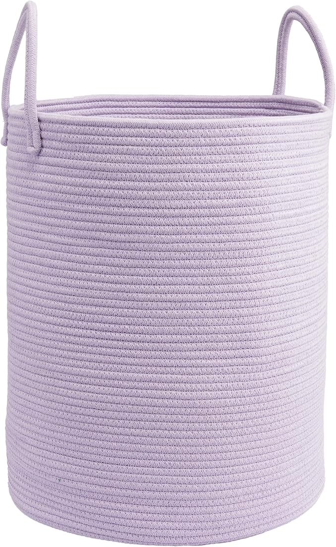 Woven Cotton Rope Laundry Basket, 15" x 20" Laundry Hamper, Purple | Rope storage basket for dirty clothes, toys and blankets. Perfect for bathroom, baby nursery and living room storage.