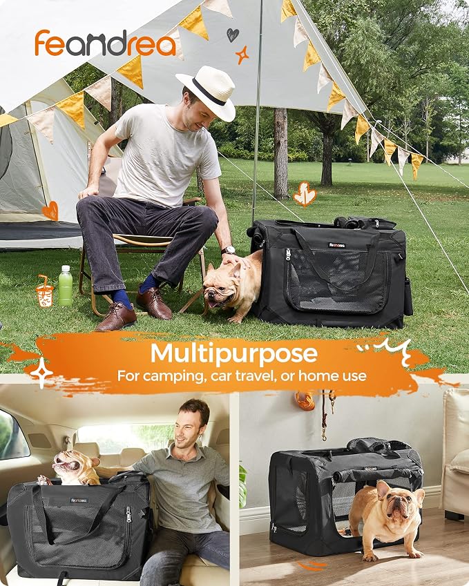 Feandrea Collapsible Soft Dog Crate, Portable Travel, 24 Inches | Dog Carrier Kennel with Safety Zippers for Living Room, Car, Travelling, Black UPDC60H