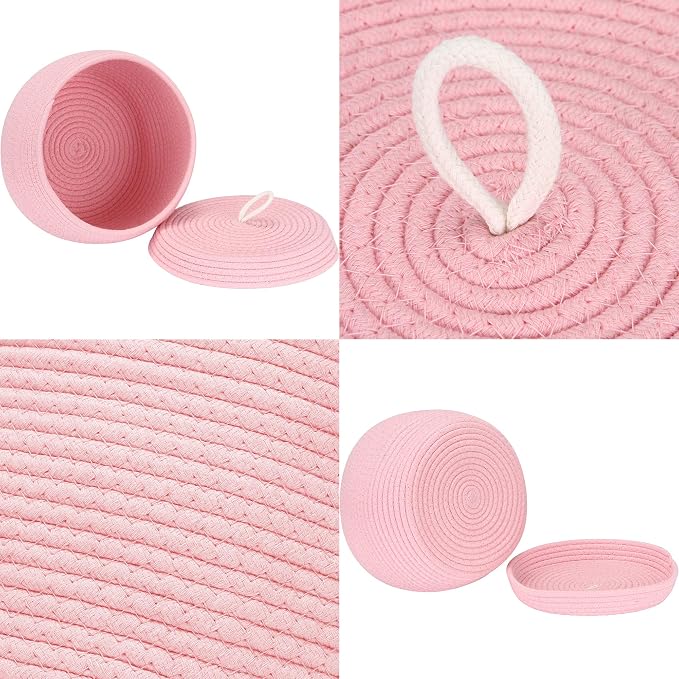 Sea Team Round Woven Cotton Rope Storage Basket with Lid, Pink | Lidded Knitted Decorative Storage Bin, Pot, Caddy, Organizer, Container for Snacks, Towels, Plants, 10 x 7.5 Inches