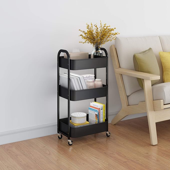 3-Tier Rolling Utility Cart with Caster Wheels Easy Assembly, Black | Easy Assembly, multi-purpose storage trolley for kitchen, rolling cart with smooth caster wheels for bathroom