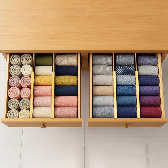 Bamboo Drawer Dividers 6 Pack with Non Slip Liner, Adjustable Expandable Drawer Organizer for Dresser, Kitchen, Bathroom, 4.5 Inch Tall Separators for Clothes, Fits 12 to 17.5 Inch Drawers