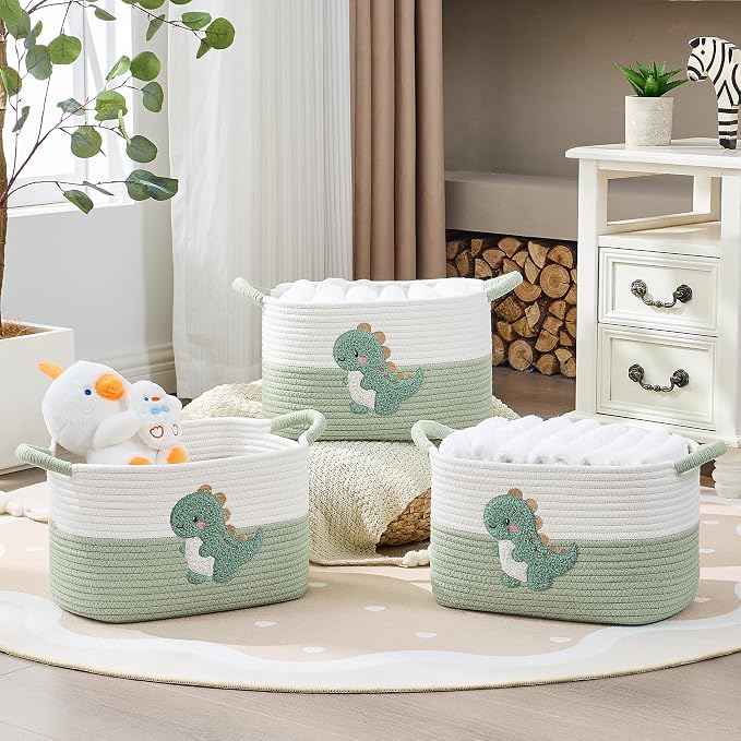Storage Basket, Woven Baskets for Shelves, Green Dinosaur | 3 Pack Boho Cotton Rope Storage Baskets, 14" x 9" x 8", Home Organizer for Nursery, Holds Toys, Books & Towels
