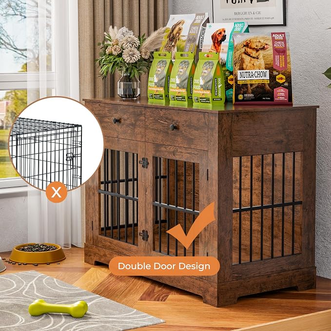Dog Crate Furniture with Storage Dog Kennel w/2 Drawers, 44.5'' Heavy-Duty Wooden Dog House Indoor End Table Tv Stand with Charging Station Pet Cage for Small/Medium Dogs(Brown)