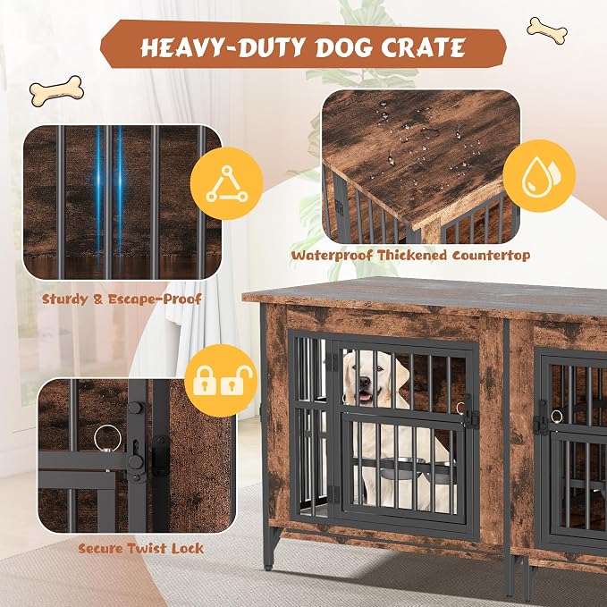 63'' Double Dog Crate Furniture, Wooden Dog Kennel with Removable Divider for 2 Dogs, XL Dog House Indoor with Rotating Bowl Holders, Heavy Duty Dog Crate TV Stand (62.9"L x 23.6"W x 27.9"H)